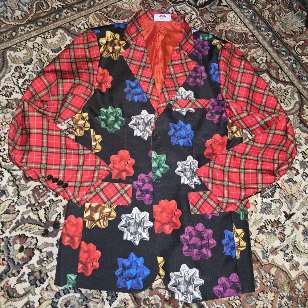 Holiday Time Festive Plaid and Bow Jacket - Red, Black, Multicolor